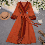 Traveling Holiday Dress Women 2025 New Autumn Dress Thin Chiffon Retro Printing Tie To Collect Waist Thin Long Dress
