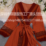 Traveling Holiday Dress Women 2025 New Autumn Dress Thin Chiffon Retro Printing Tie To Collect Waist Thin Long Dress