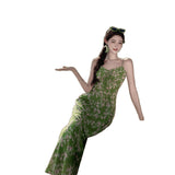 2025 Summer New Pastoral Holiday Temperament To Close The Waist Thin Green Broken Flowers Hanging Dress Dress Dress Woman
