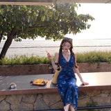 Holiday Style V-Neck Print Sling Dress Femininity Femininity With Thin Waist A Word Retro Dress New Summer