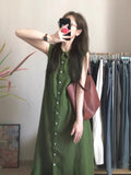 Matcha Green Retro Style Sleeveless Shirt Dress Summer Relaxation Feel Literary And Artistic Atmosphere Simple Casual Comfortable Dress