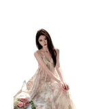 French Retro Oil Painting In The Flower Fairy Holiday Dress Print Long Temperament Hanging Neck Hanging Dress