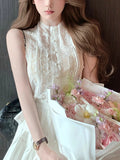 White Pear Water Hand-Scuttered Sky Silk Wisting Sky Sweet Top Blue Striped Wood Ear Half Skirt Set