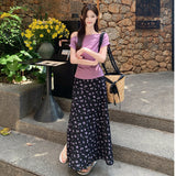 Purple One-Word Shoulder Short-Sleeved T-Shirt Temperamental Blouse Female Summer Sweet Broken Flower Dress Gentle Fashion Suit Woman