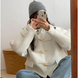 Korean Chic Autumn And Winter Retro Aging Horn Buckle Hood Loose Short Hair Coat Coat 3 Colors