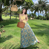 2025 French Atmosphere Print Sling Suit Dress Women's Summer Vintage Flowers Ribbon Holiday Long Skirt