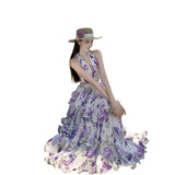 2026 High-End French Holiday Style White Violet Verb Flower Hanging Neck Chiffon Cake Dress Femininity Dress Super Fairy