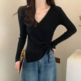 Autumn And Winter V-Neck Knitted Bottom Shirt Women Take Autumn And Winter French Waist Irregular Sweater Long-Sleeved Knitted Shirt Top