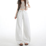 New Paris Buckle Adjustment Waist Design White Jeans Women High-Waisted Loose-Ragging Wide-Legged Trousers
