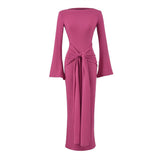 Rose Red Shoulder More Wearing French Spring And Autumn Sexy Dress Women Casual Commuting Horn Sleeves Thin Dress