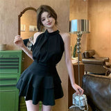 Summer Gold Sense Court Style High-End Pure Desire Blouse Leaf Half Dress Two-Piece Dress Dress Woman