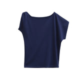 Spice Girls Fashion Slanted Shoulders Loose Short-Sleeved T-Shirt Girls Summer New Design Feel Skinny Shoulder