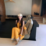 Thailand's Seaside Yunnan Tourism Bohemian Holiday Wearing Yellow Tuxi Atmosphere Sling Dress Woman