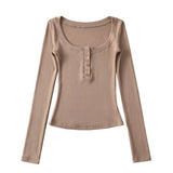 Sweet Hottie Tight Casual Elastic Knitting Collar Long-Sleeved T-Shirt Women's Autumn And Winter Plus Velvet Six Buckle Tops