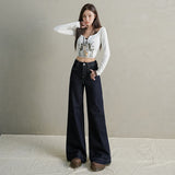 Vintage Non-Legged Micro-Tipped Jeans Women Autumn High Waist Hanging Feeling Niche Front Pocket Wide Leg Trumpet Trousers