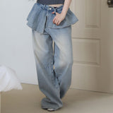 Korean Chic Niche Design High-Waisted Splicing Lotus Edge Water Wash White Jeans Female Ballet Temperament Straight Trousers