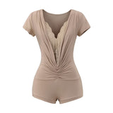 White V-Neck Shoulder Lace Spliced Short-Sleeved T-Shirt Girl Summer Sexy Slimming Hottie Shirt Top