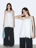 Vintage Holiday Style Lace Blouse Women Summer Pure Desire To Relax Simple Sleeveless Shoulder Sling Skirt