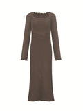 Curry Color Collar Splicing Lace Pit Knitted Dress Strapped Waist Long Sleeve Skirt