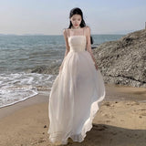 Diamond Chiffon + Ribut + Retro Sling Dress Summer Court Temperament Daily Can Wear Light Luxury Mesh Dress Woman