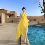 Brass Hanging Neck Sexy Big Dew Long Dress Female Yellow Light Luxury High-End Feeling Leaf Side Holiday Dress