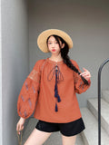 Spring And Autumn 2025 Retro National Lantern Long-Sleeved V-Neck Loose Embroidery Jacket Female Gas Top