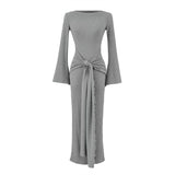 Rose Red Shoulder More Wearing French Spring And Autumn Sexy Dress Women Casual Commuting Horn Sleeves Thin Dress