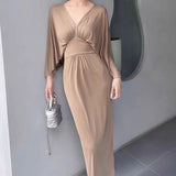 French Temperament Folded V-Neck Seven-Sleeved Dress Women's Knitted Long Dress Open Pocketed And Waist-Poked Skirt New