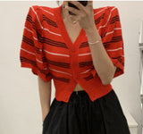 Korean Chic French Temperament Summer New Bubble Sleeve Single Buckle Thin Shoulder V-Neck Knitted Short-Sleeved Woman