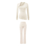 Kardashian Comfortable Skin Irregular Collar Repair Body Folded Waist Trousers Autumn Casual Set