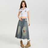 Street High-Waisted Hole Broad-Legged Jeans Women's Summer Loose Leisure Water Wash Straight Seven-Point Trousers