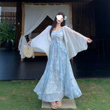 French Tea Break Blue Sling Skirt Women's Summer Tourism Beach Sweet Sunset Large Dress