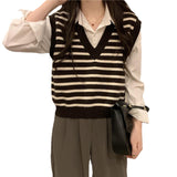 Early Autumn Knitted Vest Women Spring And Autumn New Gentle Lazy Wind V-Neck Striped Knitted Vest Sweater