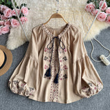 Bohemian Retro Embroidered Print Long-Sleeved Shirt For Women's Spring New Loose Cardigan Commuter Top