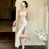 Gentle Wind Small Broken Lotus Lace Lace Lateral Boobed Bra Dress French Temperament Open Fork Thin Dress Woman
