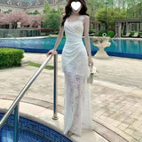 Temperament Pure Wind Irregular Lace Sling Dress Women Summer Waist Thin Holiday Wind Bag Hip Long Skirt