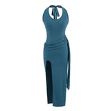 Strong Curry Hanging Neck Knitted Collar Dress Maid Sexyle Open Fork Bare Backpack Dress Dress Woman