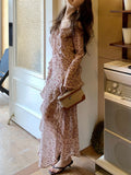 Talia Trendy Holiday Lotus Leaf Side With Horn Sleeve Open Print Dress Female French Dress