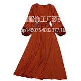 Traveling Holiday Dress Women 2025 New Autumn Dress Thin Chiffon Retro Printing Tie To Collect Waist Thin Long Dress