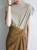 JOJOZ Mustard Mist Texture Cross Design High Waist Side Over The Knee Skirt Temperament Fashionable Girl Dress
