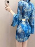 Blue Tie-Dye Four-Piece Swimsuit Women's Net Yarn Long-Sleeved Jersey Sleeves Jersey Bikini Beach Swimsuit