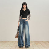 Blue-Gray Broad-Legged Trousers Women Autumn And Winter Jeans Women Retro High Waist Regular Denim With Tag