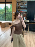 5179# Summer New Sweet Spicy Slanted Shoulder ϵion Design Short-Sleeved T-Shirt Slimming Female Integrated With Breast Cushion