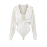 Korean White Fake Two-Piece Design Hottie Repair Long-Sleeved Hottie Sexy Conjoined Shirt Autumn
