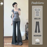 Summer New Hanging Micro-Slave Women Slim Slim Thin Waist Broad Leg Trousers Blouse Casual Two-Piece