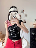5118 # Summer New Sweet And Spicy Kitty Cat Lattice Spliced Oblique Shoulder Vest T-Shirt Female Side Strap Chest Cushion