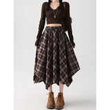 Maillard Curry Lattice Skirt Irregular High-Waist A-Word Umbrella Skirt Retro Style Shaded Thin