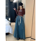 Real Shooting 2025 Korean Version Of The Retro Water Washing Tight Waist Draw Cowboy Half-Body Skirt In The Long Loose A-Word Big Swing Skirt