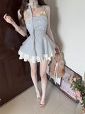 French Hanging Neck Bow Sling Dress Women's Summer 2026 New Slimy Lattice High Waist Fluffy Skirt