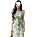 Seaside Resort Country Wind Explosion 2026 New High-End Feel Monet Green Garden Waist Lotus Leaf-Side Dress